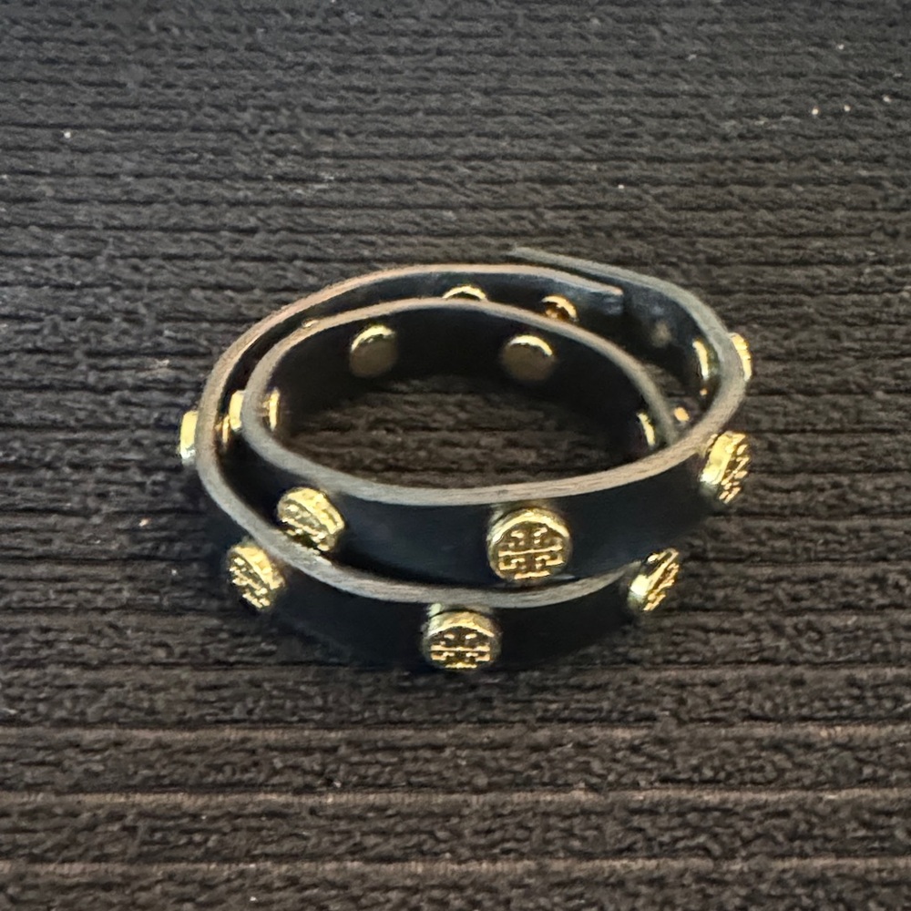 Tory Burch Black & Gold Double-Wrap Logo Stud Bracelet